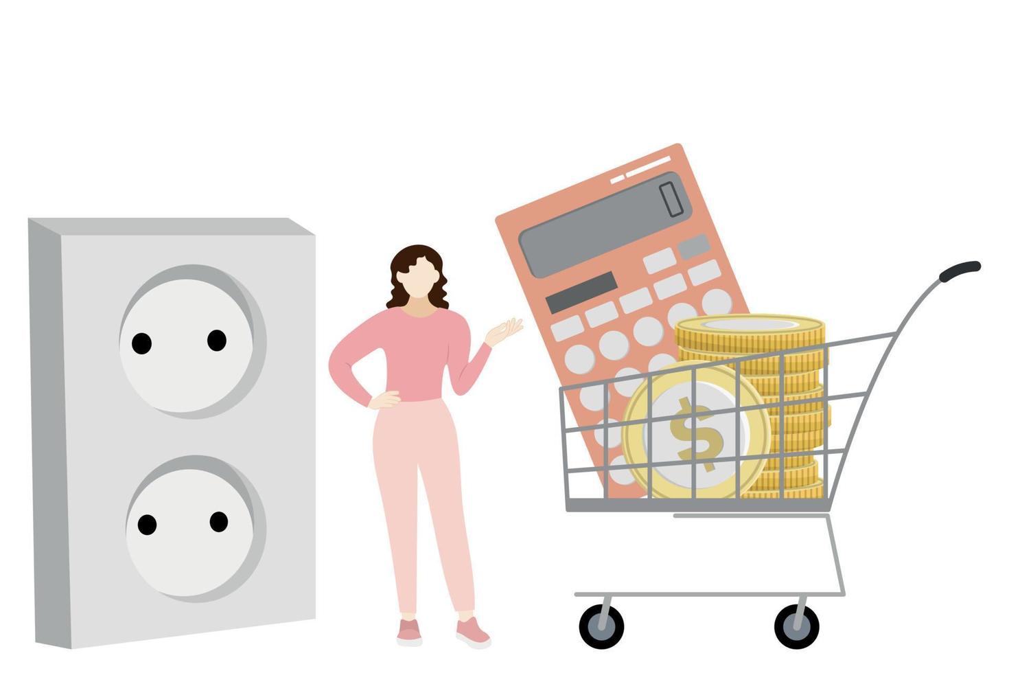 A girl stands near a huge socket, a stack of large yellow coins and a large calculator in a grocery cart, flat vector, isolate on white vector