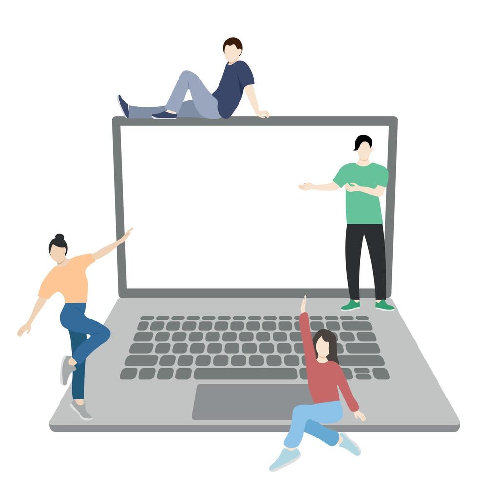 chicas y chicos en el fondo de una enorme laptop, programadores, aislados en blanco, vector plano, ilustración sin rostro, trabajo en equipo de programadores