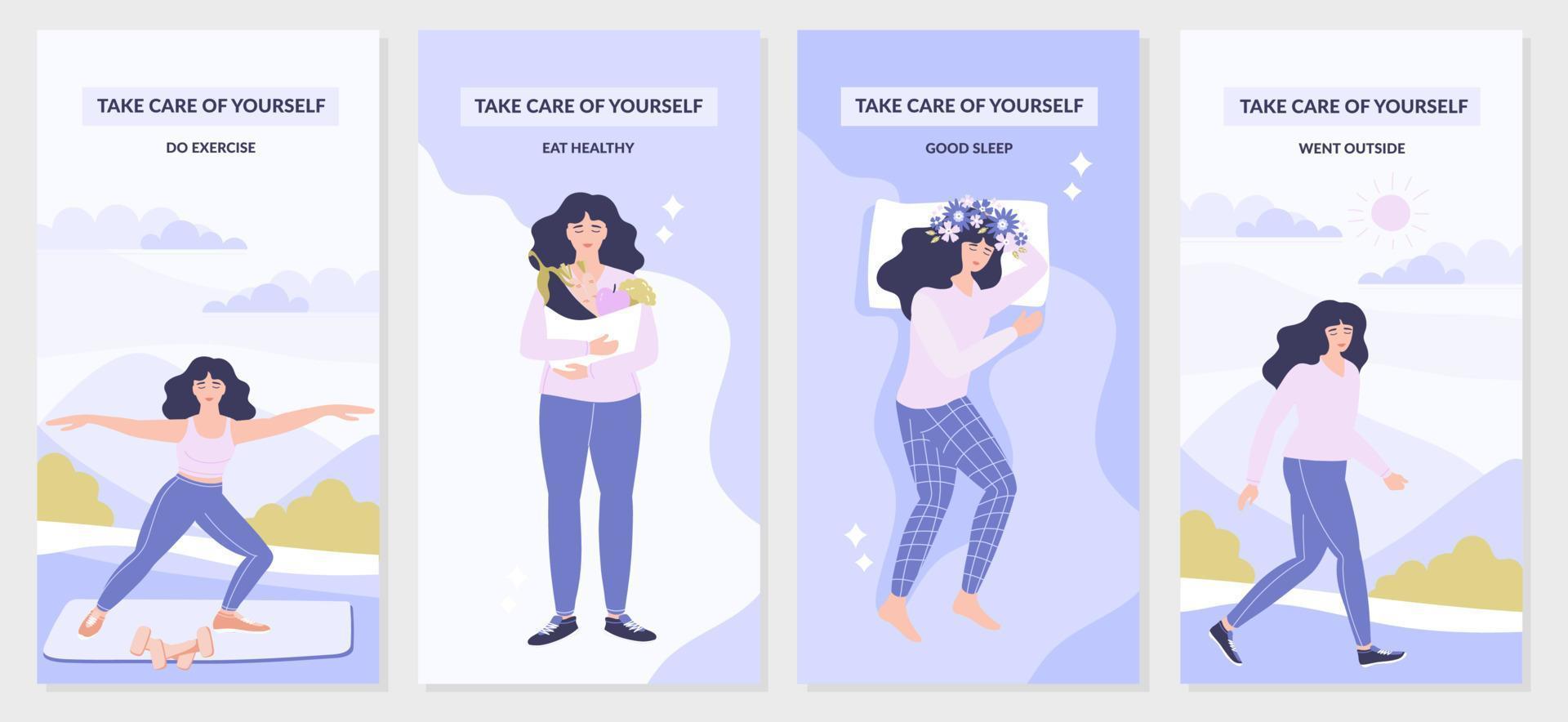 Vector banner of 4 self-care and good mental health tips. The girl does exercises, eats right, sleeps well and goes out into the fresh air. Set of 4 vector illustrations in one banner. Vector.