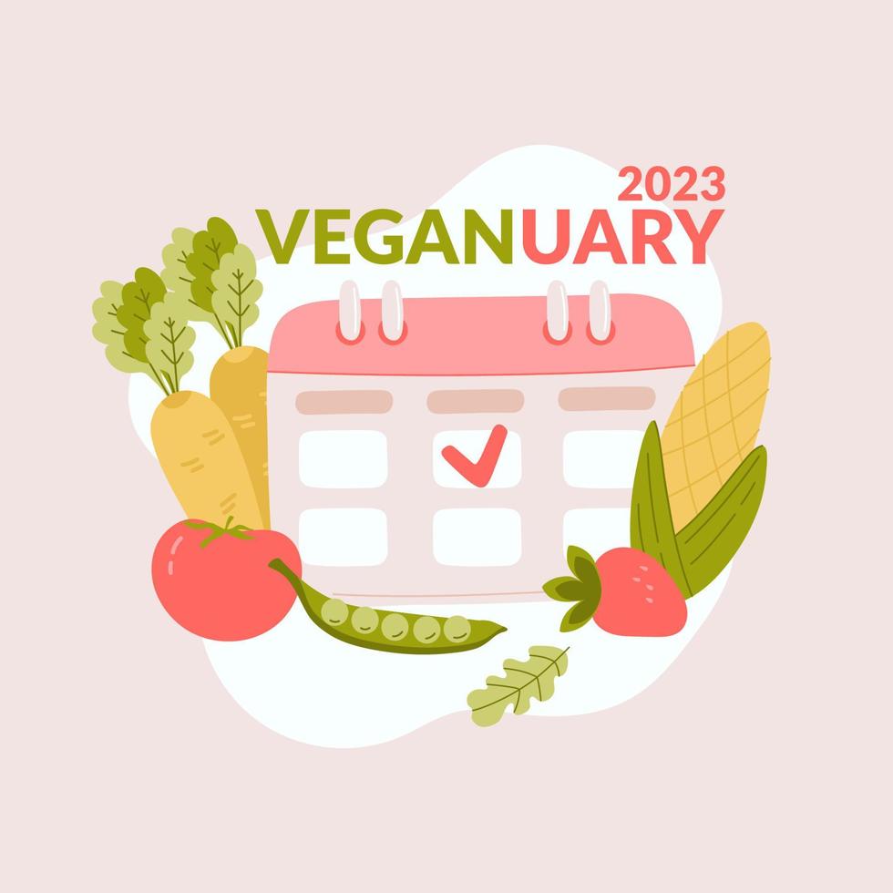 vegano 2023. es hora de una dieta saludable. Comienza el nuevo año con la nutrición adecuada. calendario como herramienta de autocontrol. vector