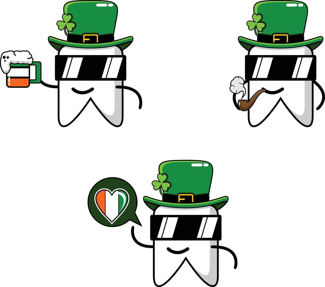 ilustración gráfica del diseño de personajes de dibujos animados de dientes de leprechaun con cerveza, pipa humeante y burbuja de chat de amor vector