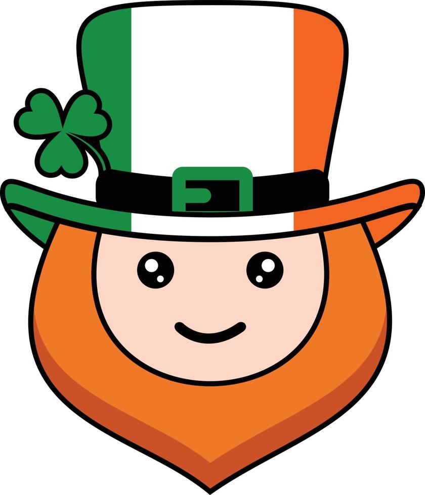 cute Irish beard face with Irish flag hat and clover leaf on white background vector