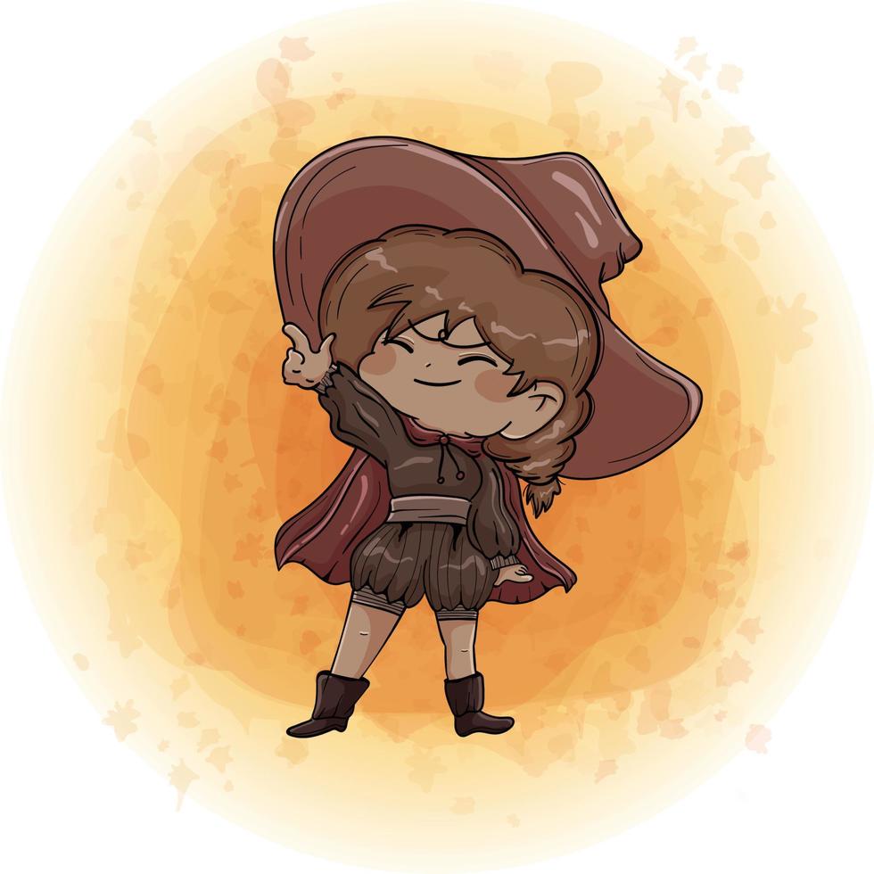 Cute Chibi Witch Cartoon Character Smiling and Wearing a Hat vector