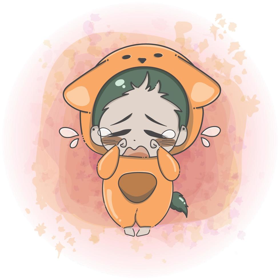 Cute Chibi Baby Boy in an Animal Suit Crying Sad Face Expression vector