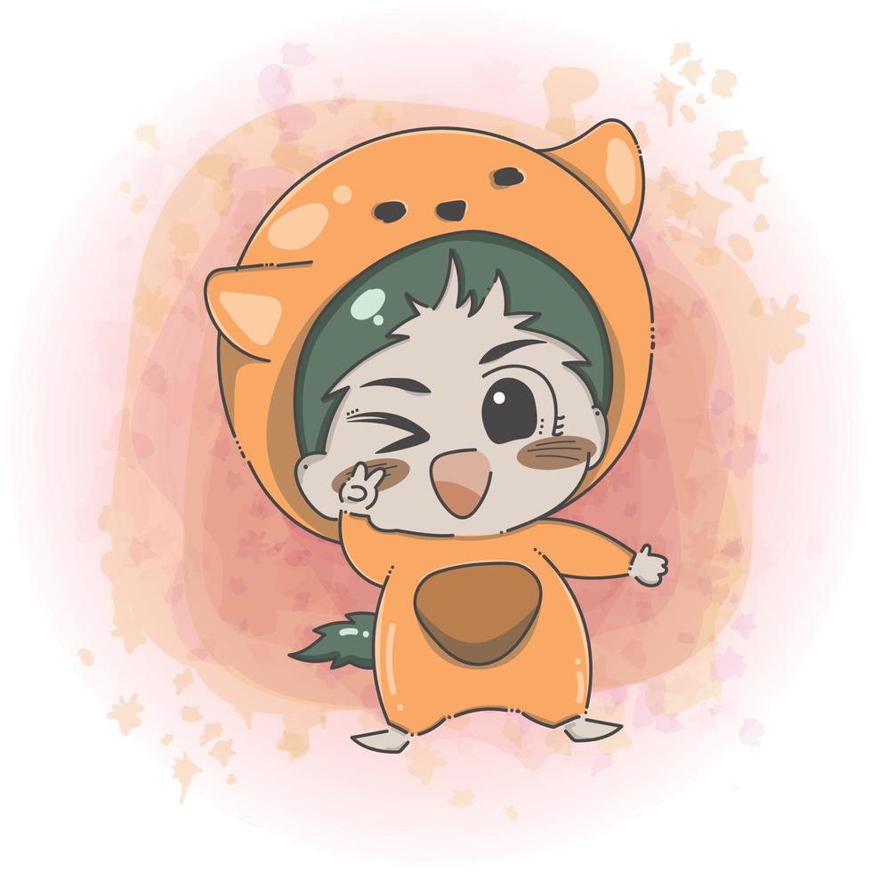 Cute Chibi Baby Boy in an Animal Suit Making a Peace Sign and Joyful Face Expression vector