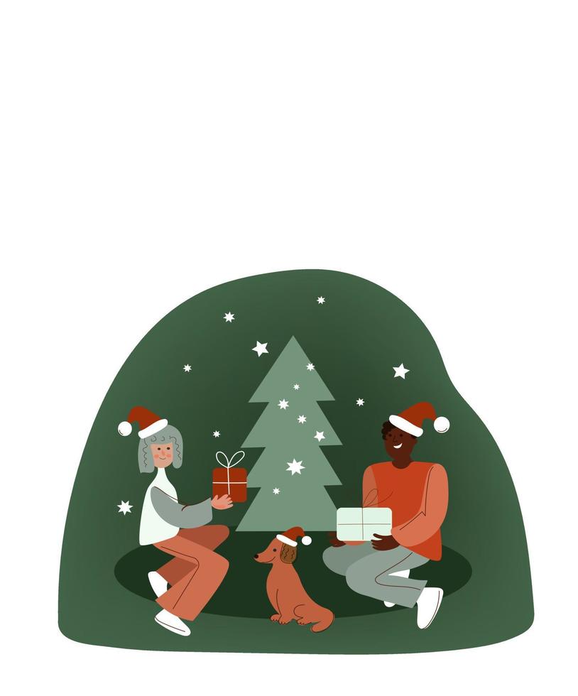 Family couple Xmas eve. Boxing day. Christmas gifts. New year celebration, concept banner vector flat illustration