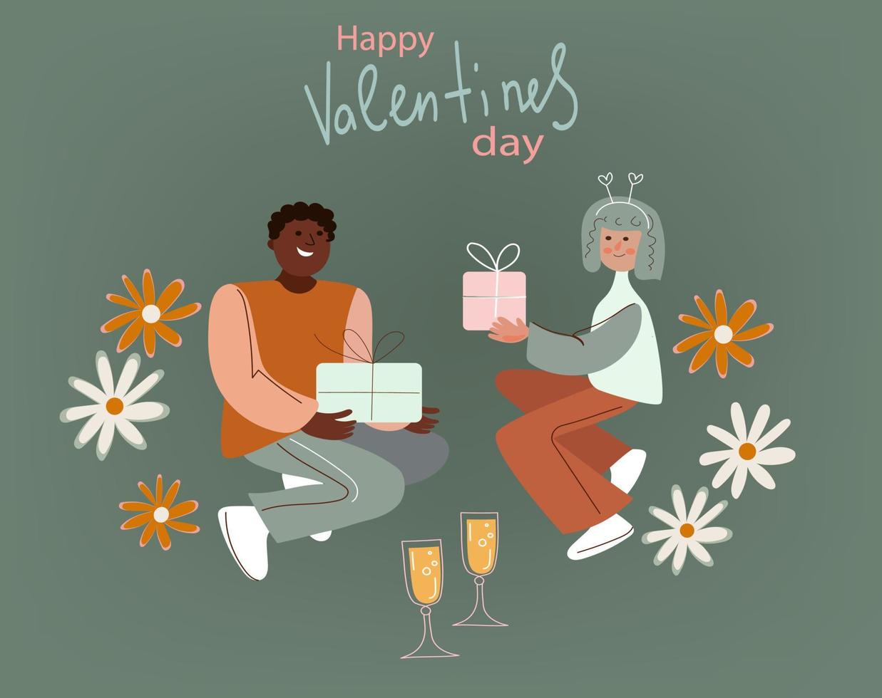 día de san valentín, hombres y mujeres jóvenes se felicitan mutuamente, pareja de ancianos amorosa, personajes de edad avanzada que datan, pancarta conceptual, afiche ilustración vectorial de fideos plana moderna vector