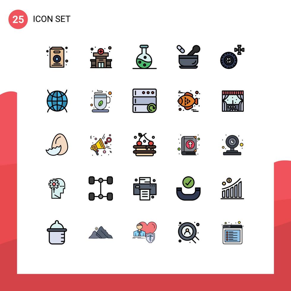 25 User Interface Filled line Flat Color Pack of modern Signs and Symbols of internet of things wheel science service soup Editable Vector Design Elements