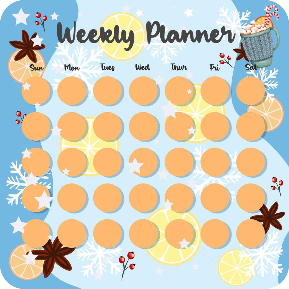 January monthly planner, weekly planner, habit tracker template and example. Template for agenda, schedule, planners, checklists, bullet journal, notebook and other stationery. Christmas cocoa theme vector