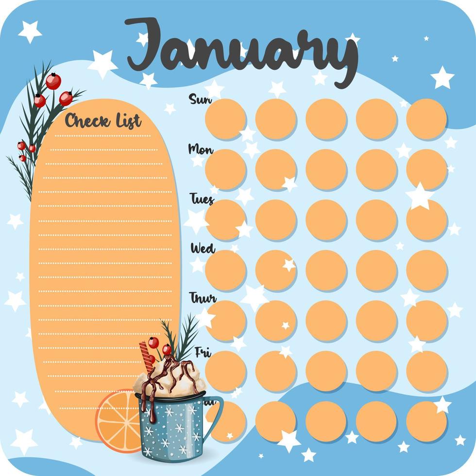 January monthly planner, weekly planner, habit tracker template and example. Template for agenda, schedule, planners, checklists, bullet journal, notebook and other stationery. Christmas cocoa theme vector