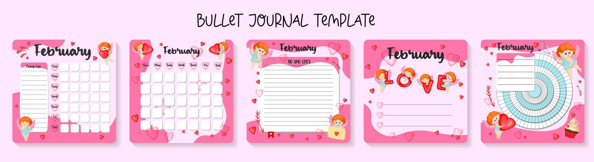 February monthly planner, weekly planner, habit tracker template and example. Template for agenda, schedule, planners, checklists, bullet journal, notebook and other stationery. Valentines Day theme vector