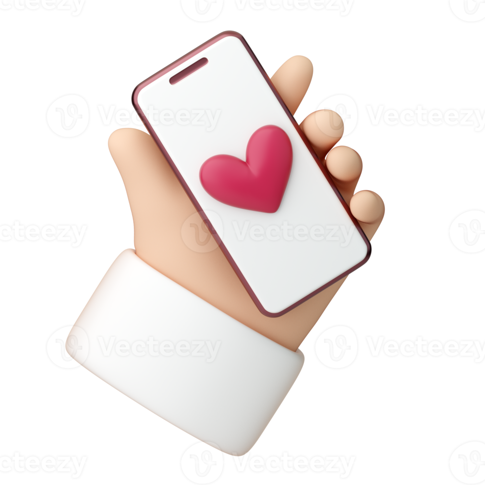 3d human hand with mobile phone with heart symbol icon png