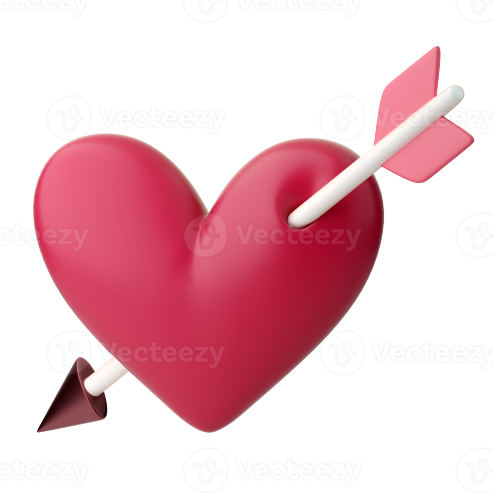 3d heart pierced with arrow icon. Concept of Cupid love , Valentines day, Wedding invitation. 3d high quality isolated render png