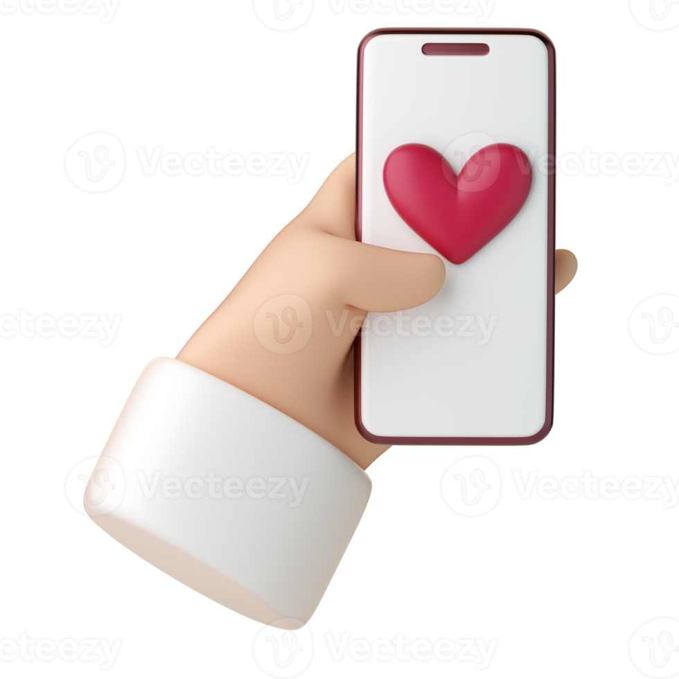 3d human hand with mobile phone with heart symbol icon png