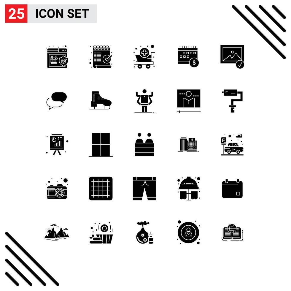 Editable Vector Line Pack of 25 Simple Solid Glyphs of time dollar ok banking supplies Editable Vector Design Elements