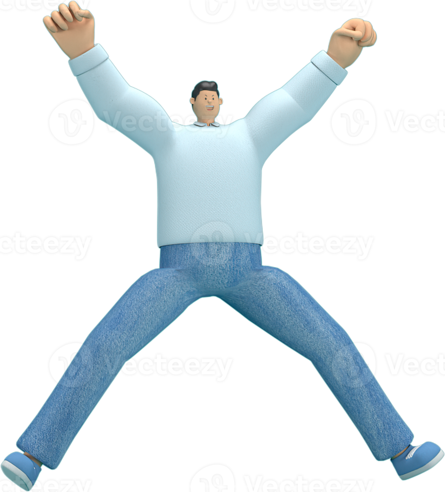 cartoon character wearing jeans and  long shirt. He is jumping. png