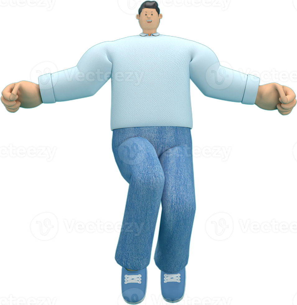 cartoon character wearing jeans and  long shirt. He is jumping. png