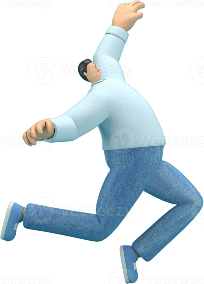 cartoon character wearing jeans and  long shirt. He is jumping. png