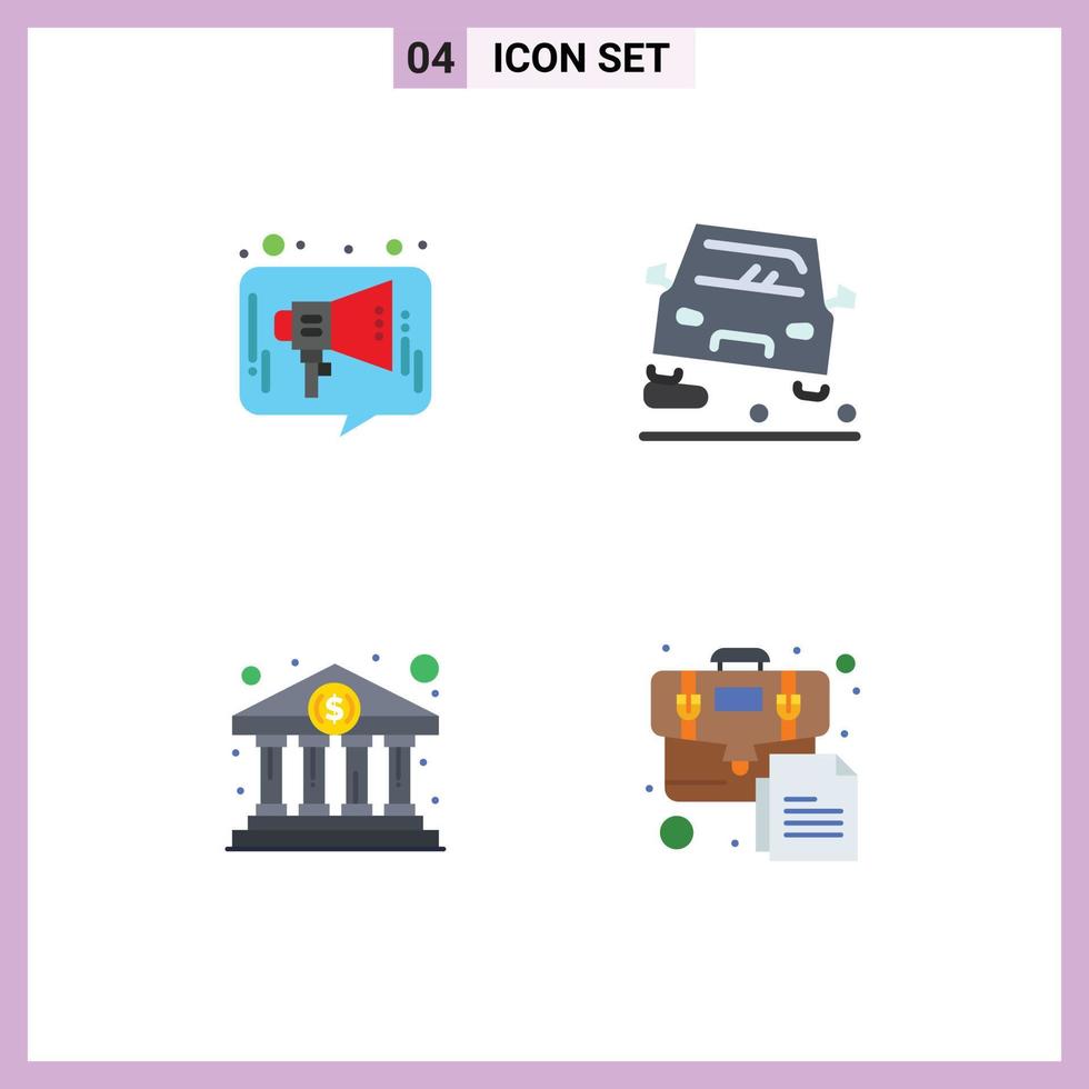 4 iconos planos universales establecidos para aplicaciones web y móviles chat banco medios domésticos coche efectivo elementos de diseño vectorial editables vector