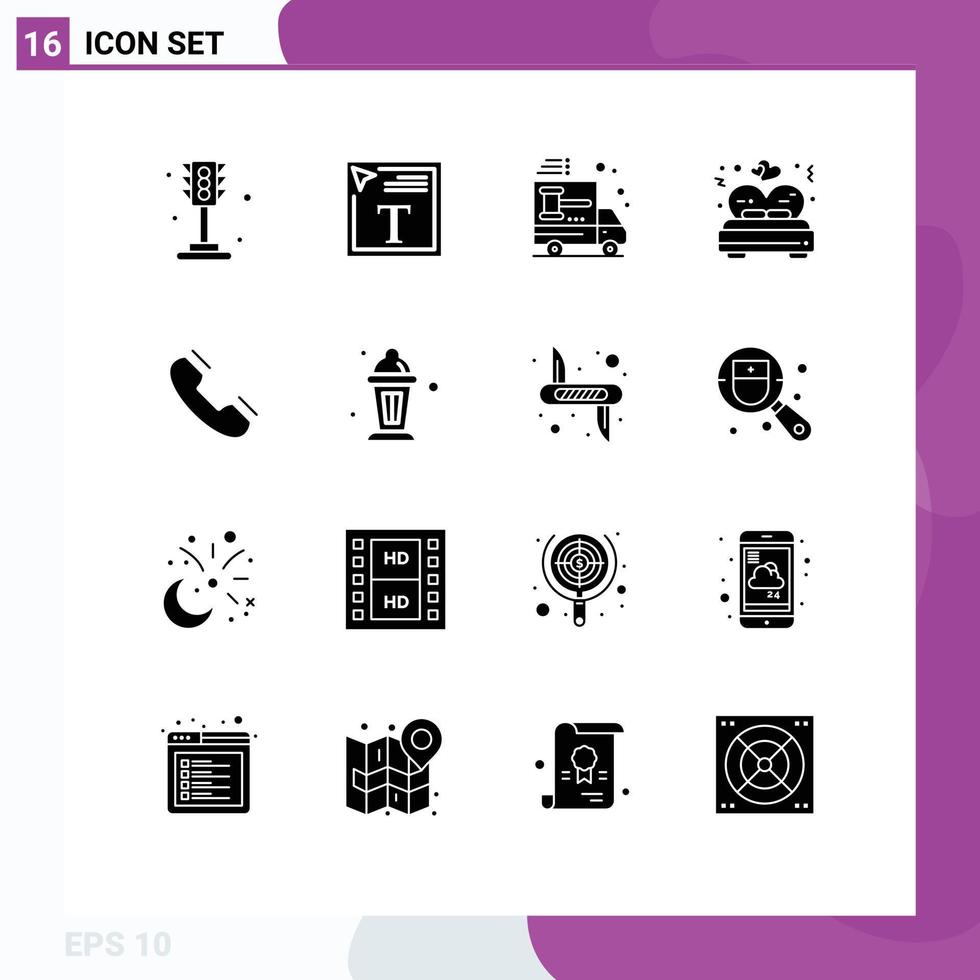 Pictogram Set of 16 Simple Solid Glyphs of call valentine truck love dealer Editable Vector Design Elements