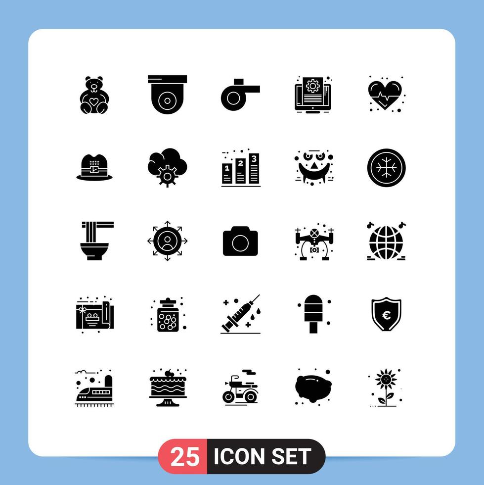 Editable Vector Line Pack of 25 Simple Solid Glyphs of hat science whistle heart screen Editable Vector Design Elements