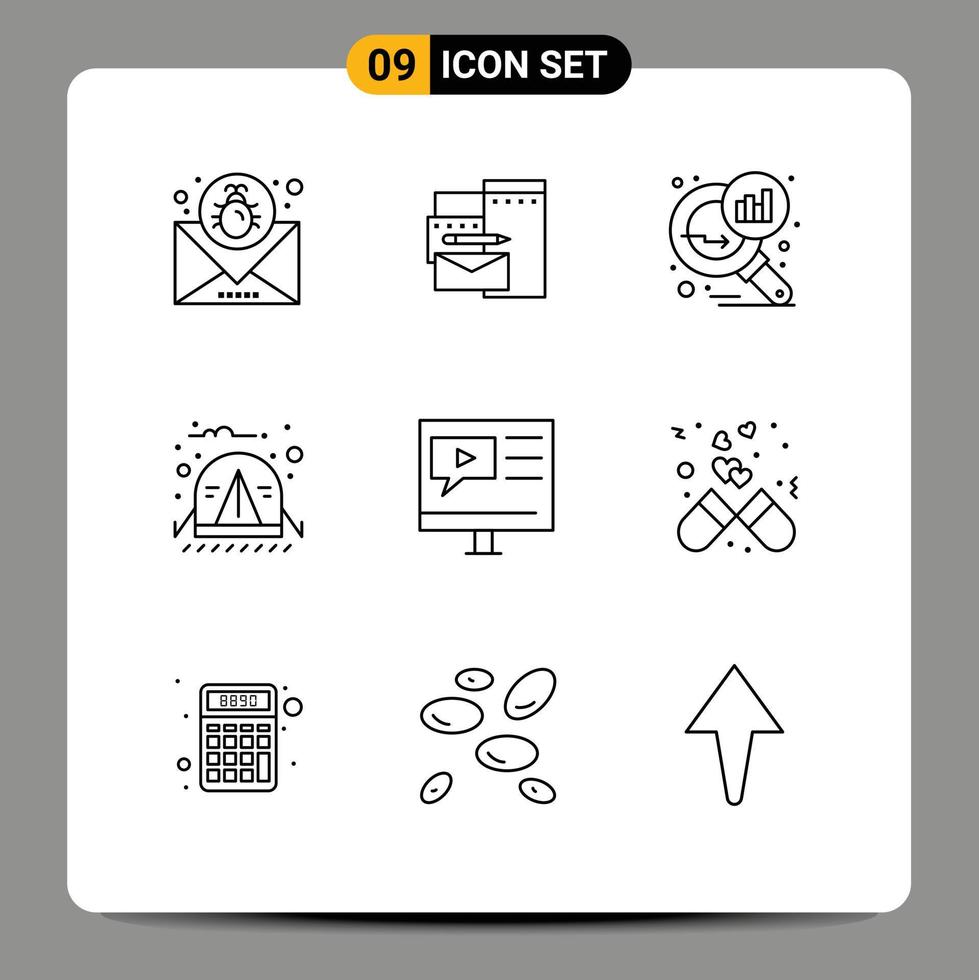 Mobile Interface Outline Set of 9 Pictograms of education travel corporate camping search stats Editable Vector Design Elements