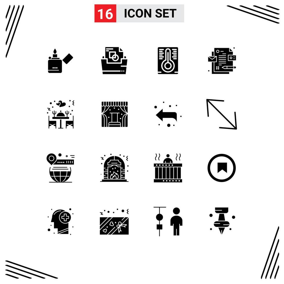 Editable Vector Line Pack of 16 Simple Solid Glyphs of concert restaurant temperature love id Editable Vector Design Elements