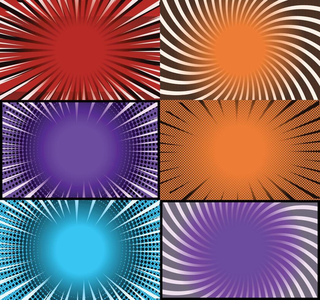 Comic book colorful frames background with halftone rays radial and dotted effects pop art style vector