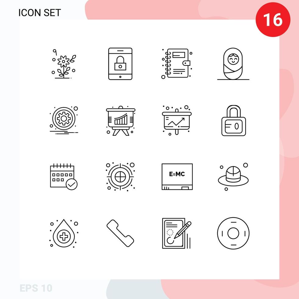User Interface Pack of 16 Basic Outlines of options sign contacts gear girl Editable Vector Design Elements