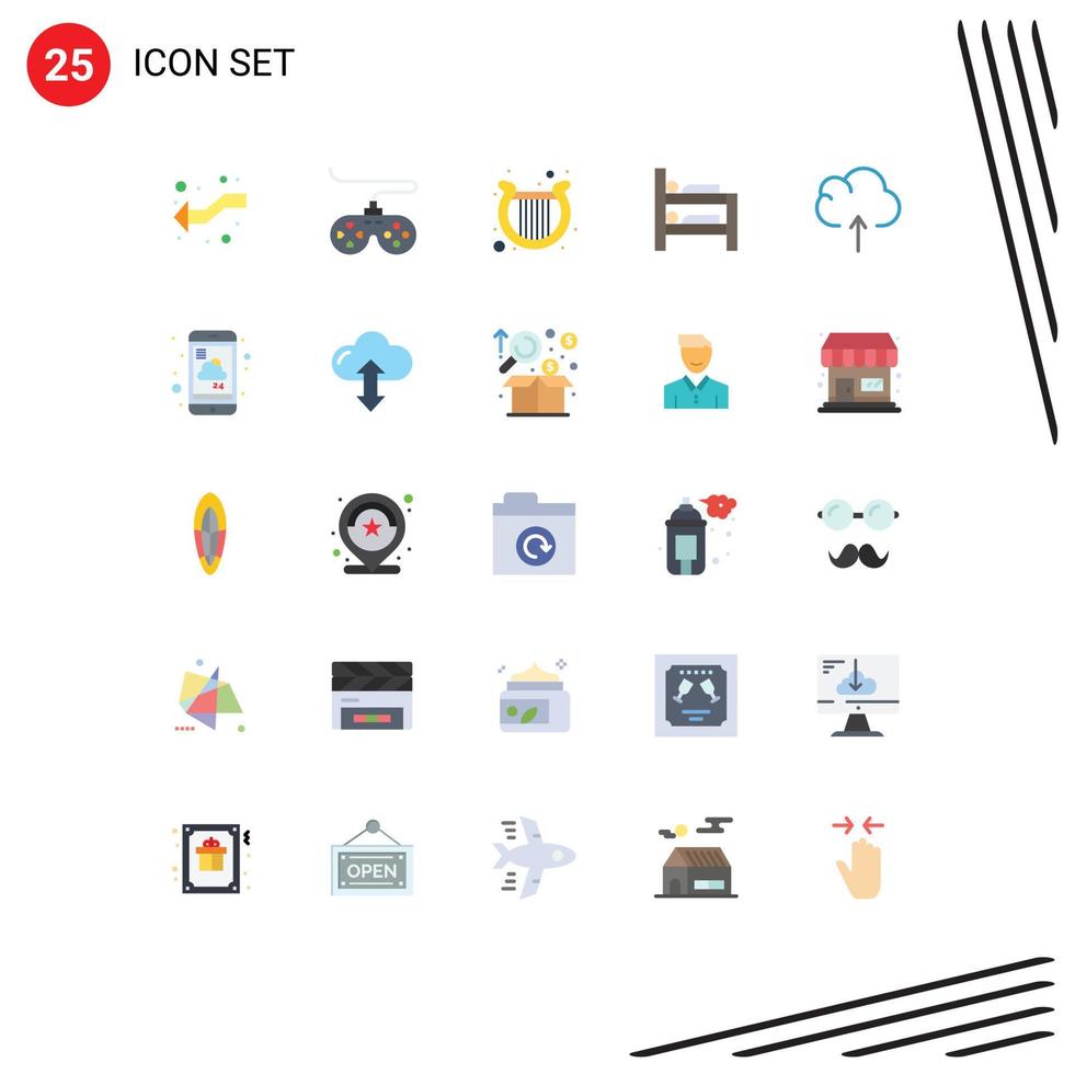 25 Universal Flat Color Signs Symbols of upload cloud harp room bed Editable Vector Design Elements