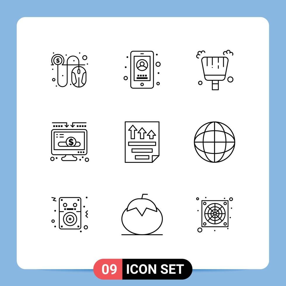 Mobile Interface Outline Set of 9 Pictograms of page data broom donate donation Editable Vector Design Elements