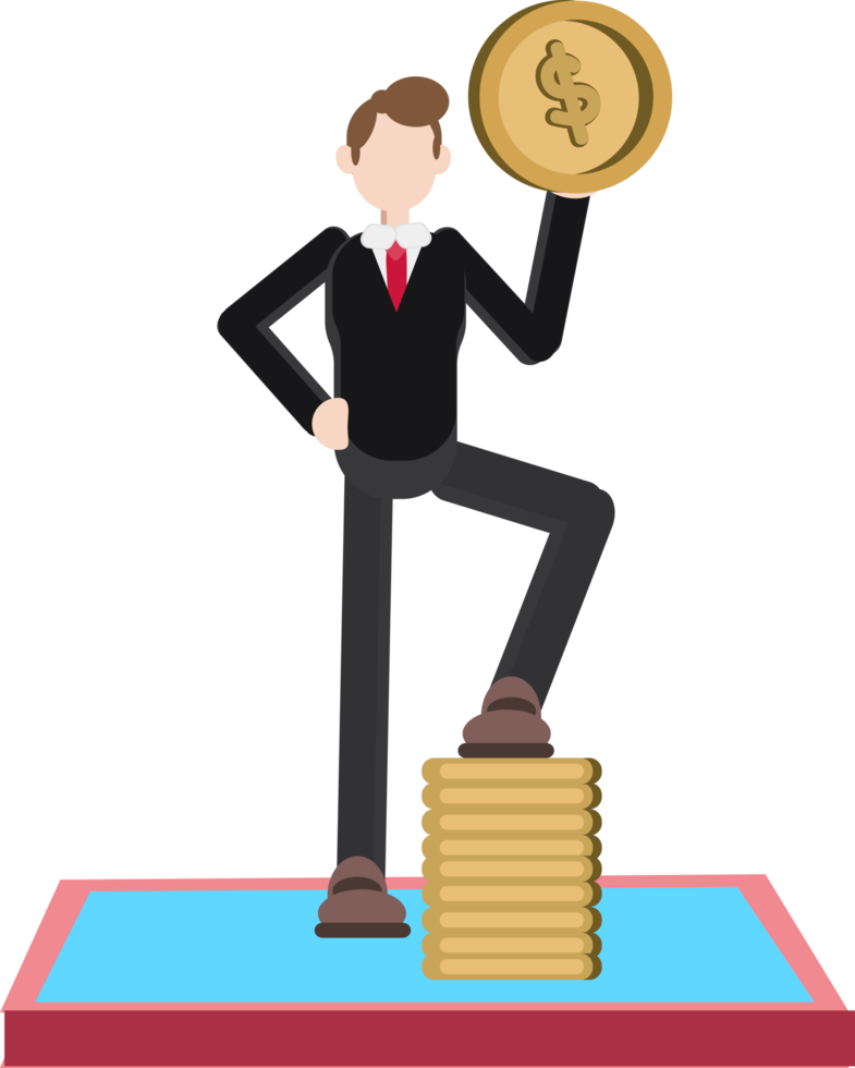 businessman standing above and holding a coin in hand png