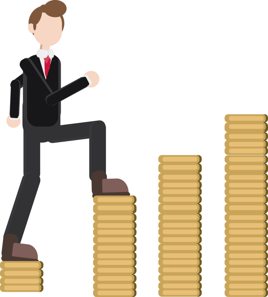 businessman climbing higher pile of coins, successful growing investment increase concept png