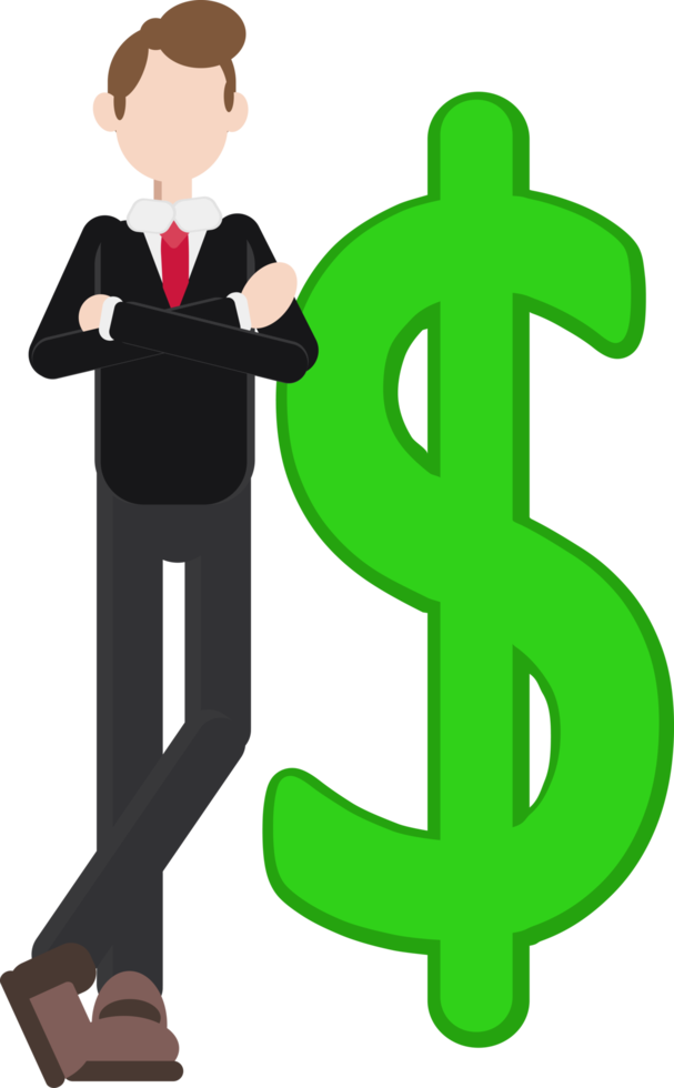 businessman leaning to big green dollar symbol, success and profitable investatment concept png