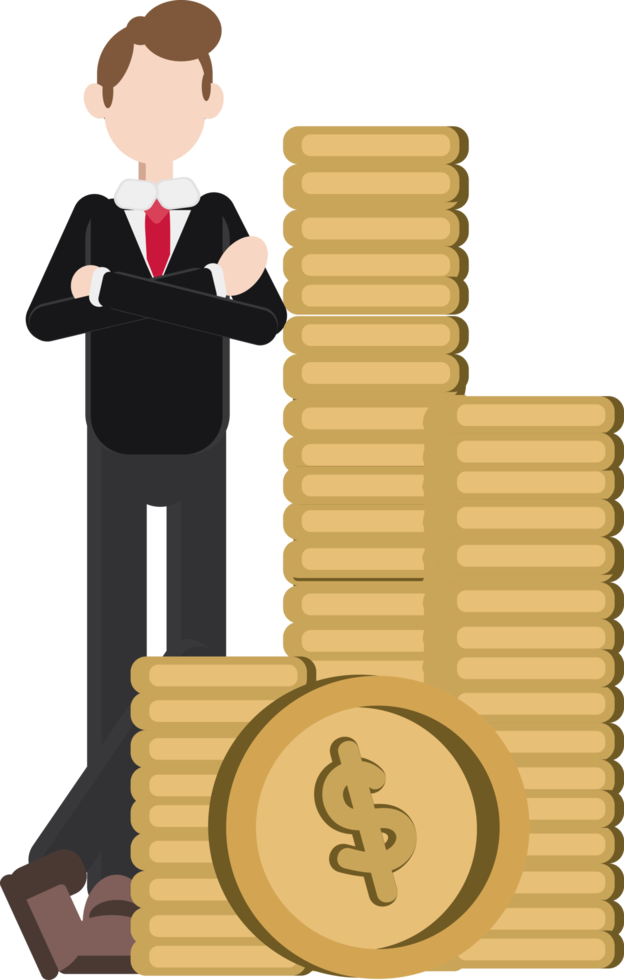 businessman standing with large pile of coins png