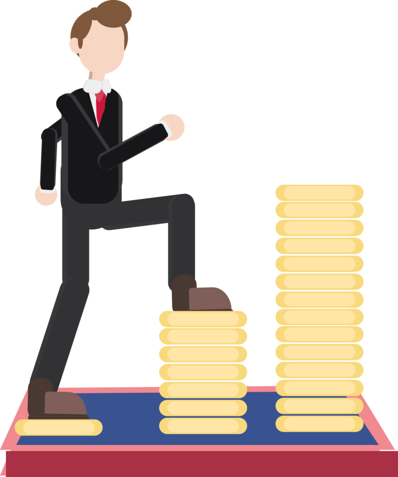 businessman climbing higher pile of coins, successful investment increase concept png