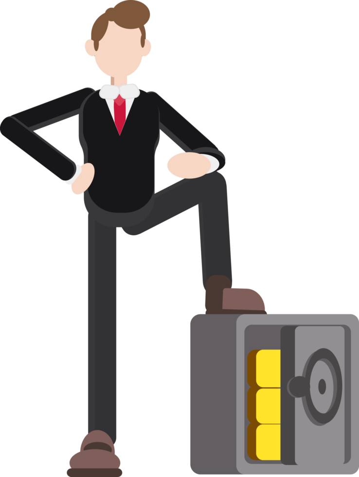 illustration of businessman standing on safe filled with gold png