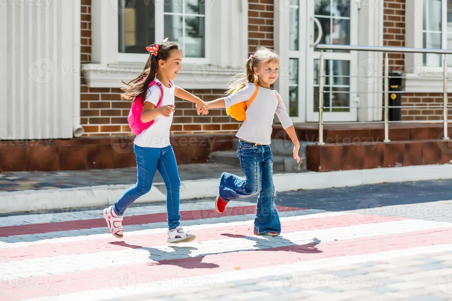 Two schoolgirls go to school. The concept of school, study, education, friendship, childhood. photo