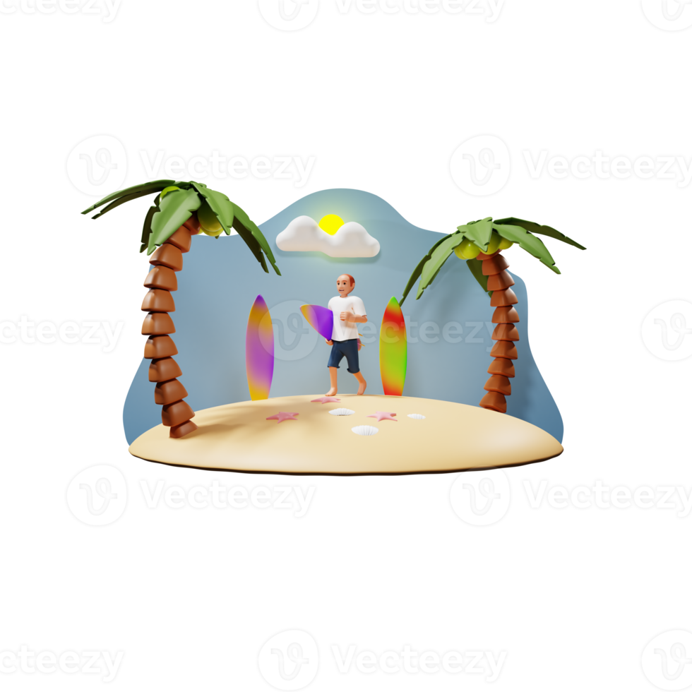 Man With Surfboard Running Towards Ocean 3D Character Illustration png