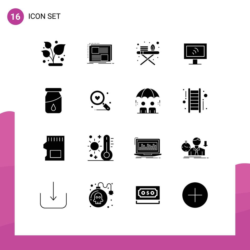 Pack of 16 Modern Solid Glyphs Signs and Symbols for Web Print Media such as drug bottle text service computer Editable Vector Design Elements