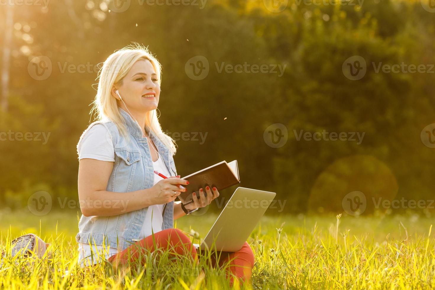 Euphoric woman searching job with a laptop in an urban park in summer. photo
