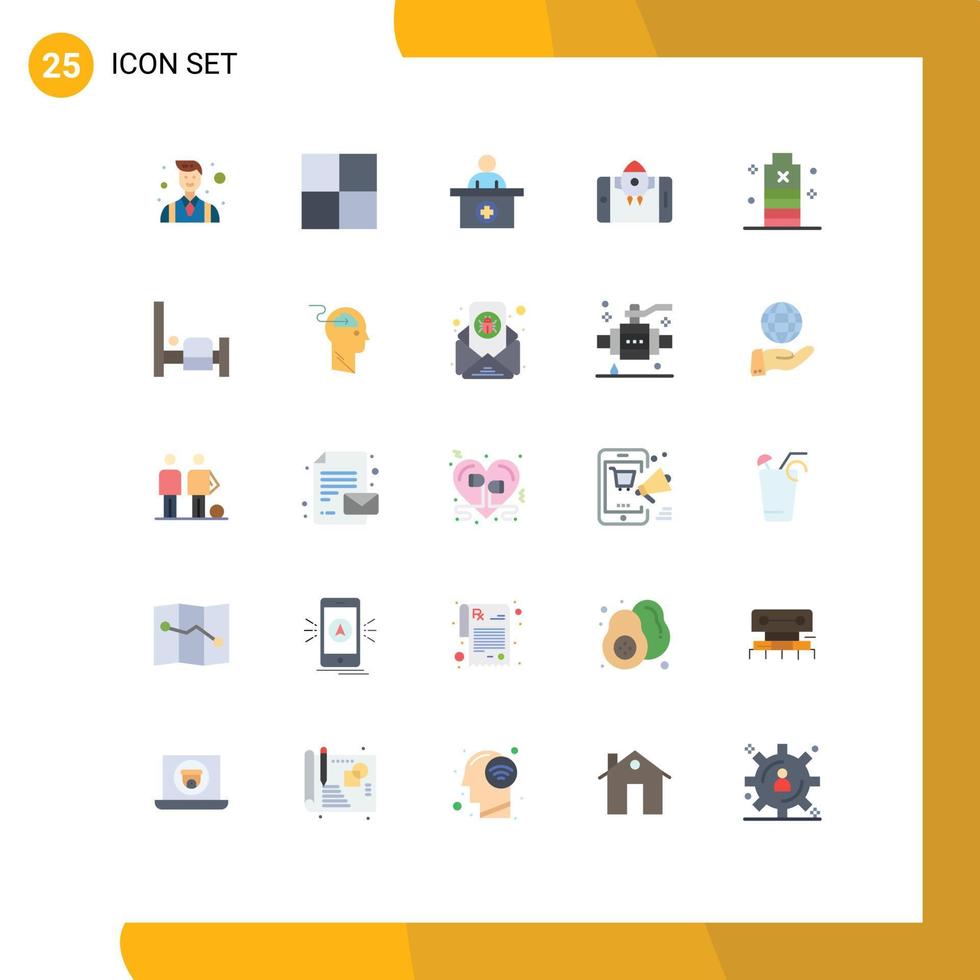 25 User Interface Flat Color Pack of modern Signs and Symbols of low energy receptionist battery rocket Editable Vector Design Elements