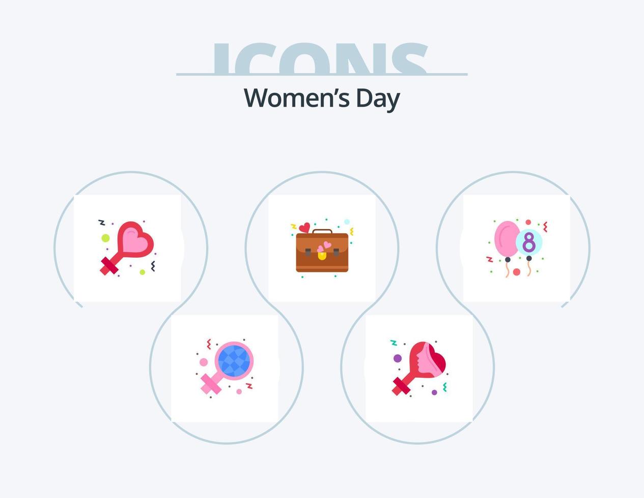 Womens Day Flat Icon Pack 5 Icon Design. party. balloon. female. love. briefcase vector