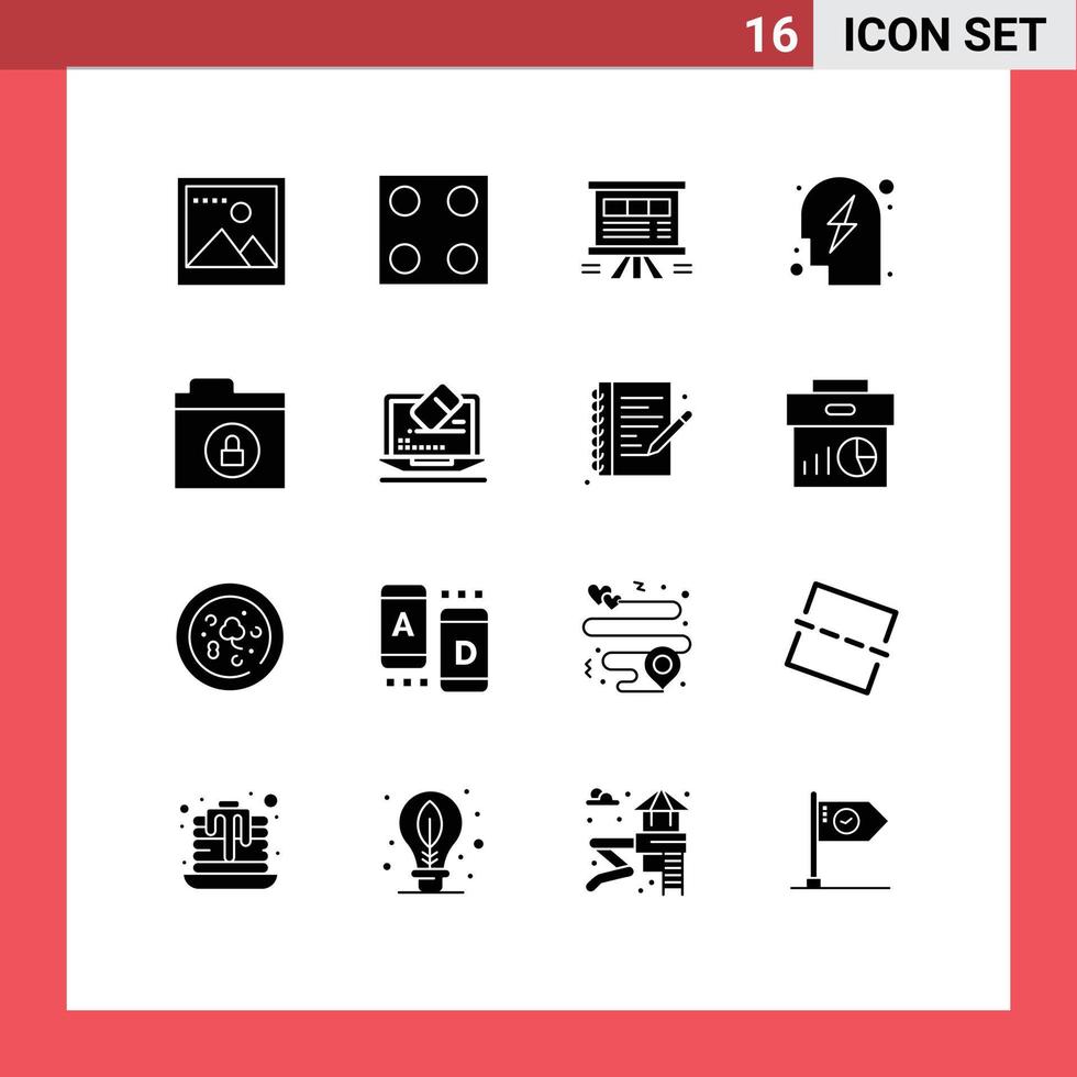 Group of 16 Modern Solid Glyphs Set for lock encryption presentation power planning Editable Vector Design Elements