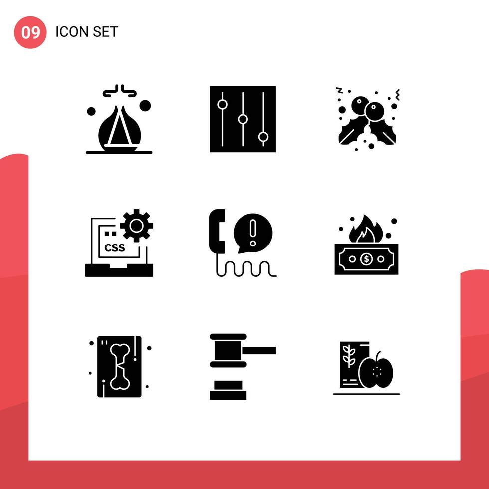 Universal Icon Symbols Group of 9 Modern Solid Glyphs of risky communication coding center call Editable Vector Design Elements