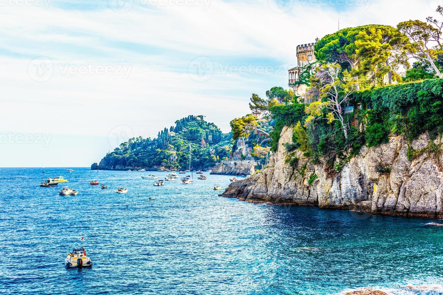 Beach next to Portofino in Italy. Beautiful bay of Paraggi. Swimming vacation in Italy photo