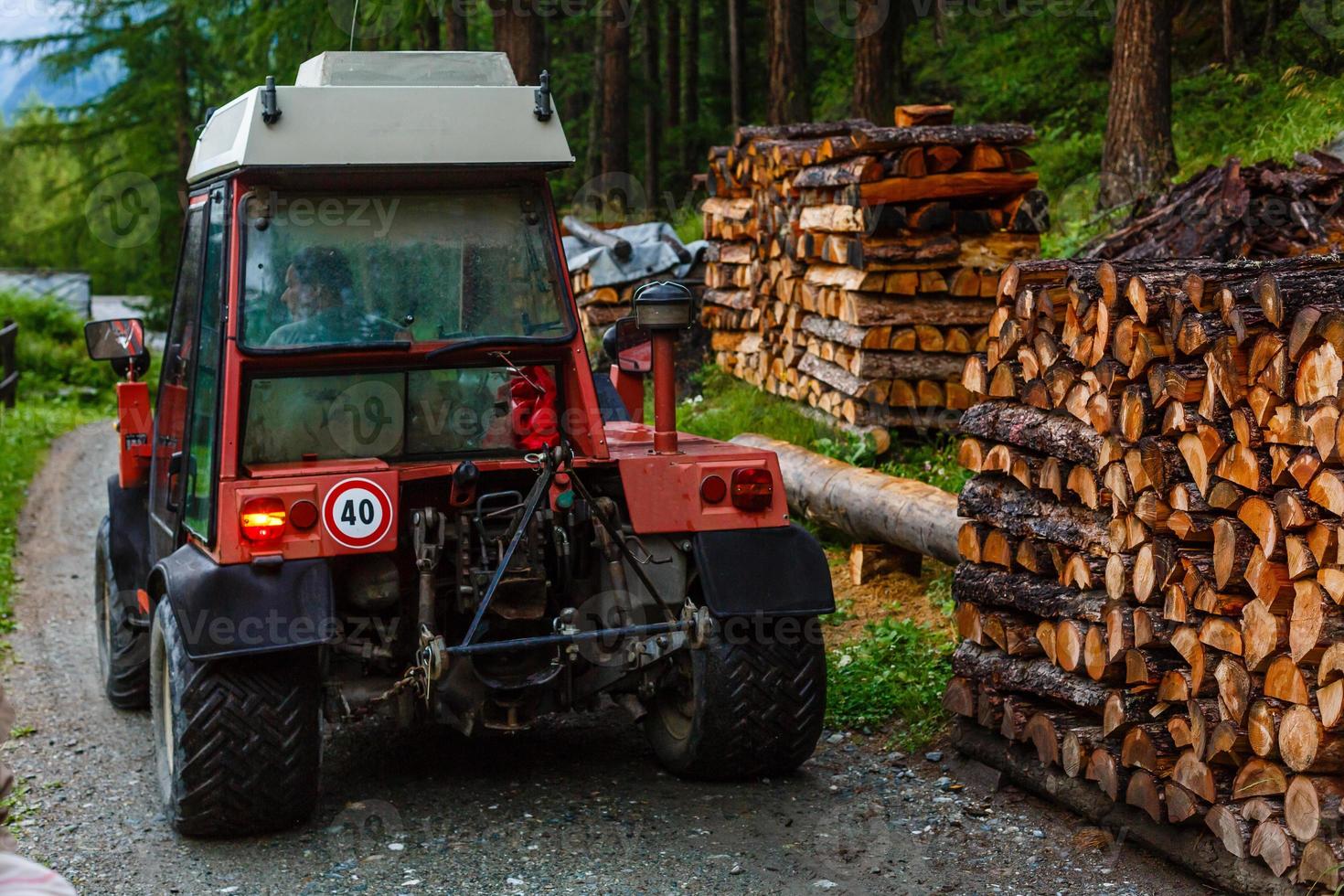 remolque de tractor improvisado casero hecho de metal fuerte apilado con leña preparada y cubierto con lona para protección dejado en el patio trasero de la casa familiar rodeado de hierba sin cortar. foto