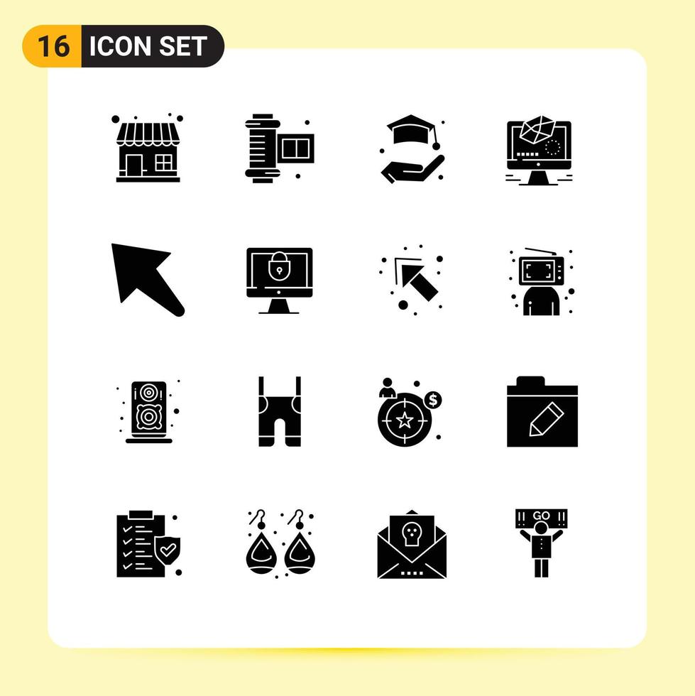 Modern Set of 16 Solid Glyphs Pictograph of computer left insurance arrow modeling Editable Vector Design Elements