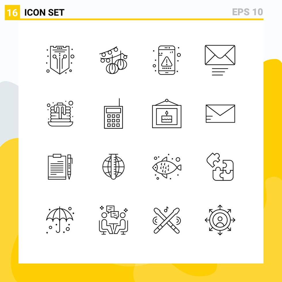 Modern Set of 16 Outlines Pictograph of dessert message lantern mail interface Editable Vector Design Elements