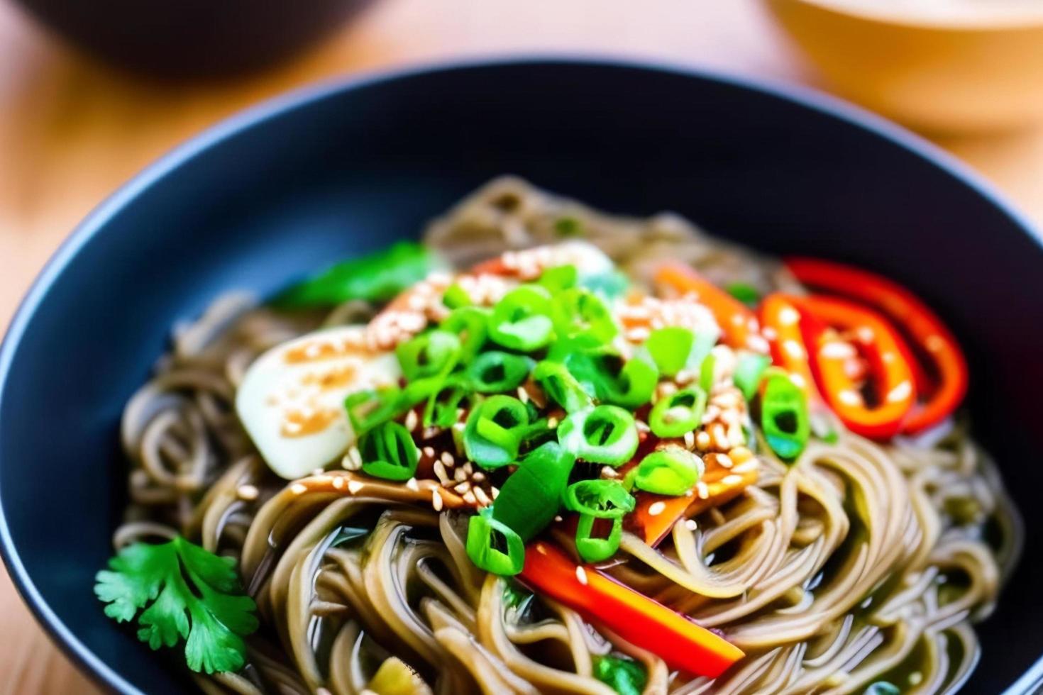 Delicious noodles. Fast food meal with appetizing pasta and chopsticks. photo